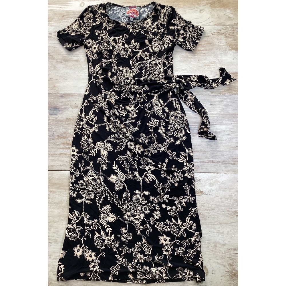 Johnny Was Black Cream Floral Midi Dress Tie Waist Women's XS The Janie Luxury